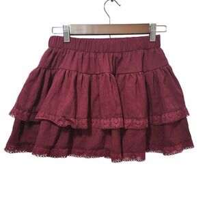 AVIDLOVE Burgundy Tiered Lace Trim Mini Skirt Women's Size M Elastic Waist